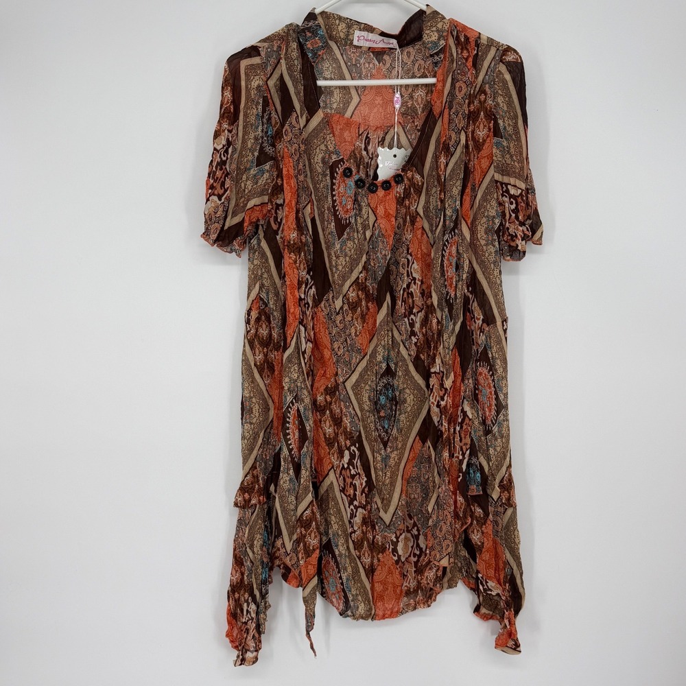Pretty Angel Sheer Large Orange Brown Paisley Boho Sharkbite Hem Tunic Top NWT